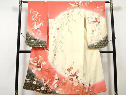 平和屋着物[]七五三　女の子　７歳　祝着　四つ身　襦袢(無双仕立て・半衿刺繍)セット　飛鶴枝梅文　暈し染め　金彩　逸品　DABG3007ma