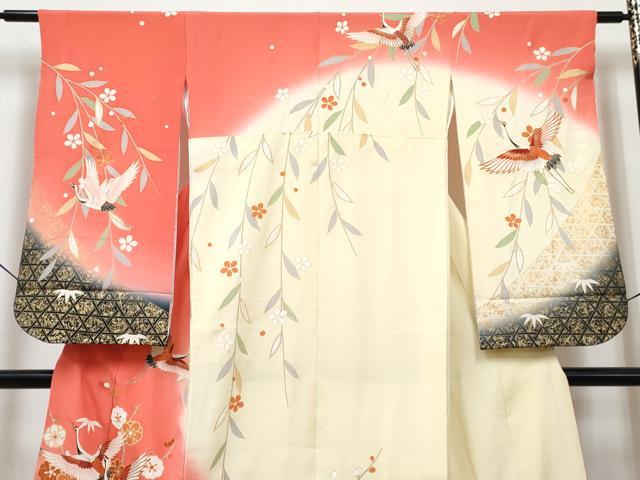 平和屋着物[]七五三　女の子　７歳　祝着　四つ身　襦袢(無双仕立て・半衿刺繍)セット　飛鶴枝梅文　暈し染め　金彩　逸品　DABG3007ma