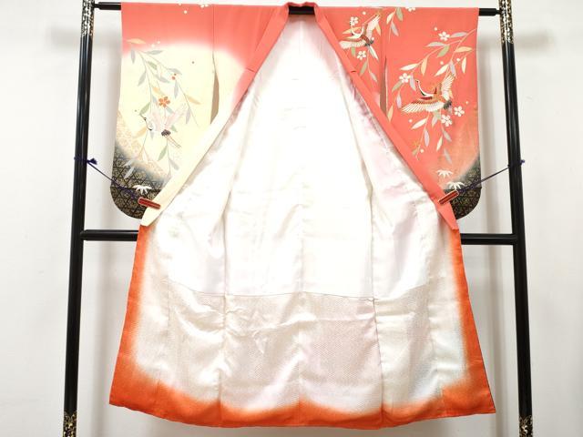 平和屋着物[]七五三　女の子　７歳　祝着　四つ身　襦袢(無双仕立て・半衿刺繍)セット　飛鶴枝梅文　暈し染め　金彩　逸品　DABG3007ma