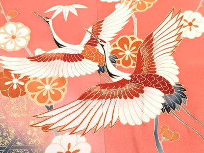 平和屋着物[]七五三　女の子　７歳　祝着　四つ身　襦袢(無双仕立て・半衿刺繍)セット　飛鶴枝梅文　暈し染め　金彩　逸品　DABG3007ma