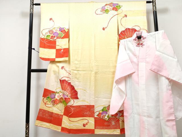 平和屋着物∵女の子　十三参り　子供　祝着・長襦袢(袷・半衿刺繍)セット　駒刺繍　扇面花文　暈し染め　金銀彩　逸品　DABG3009ma
