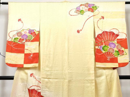 平和屋着物∵女の子　十三参り　子供　祝着・長襦袢(袷・半衿刺繍)セット　駒刺繍　扇面花文　暈し染め　金銀彩　逸品　DABG3009ma
