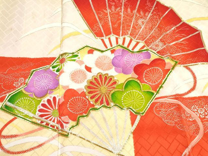 平和屋着物∵女の子　十三参り　子供　祝着・長襦袢(袷・半衿刺繍)セット　駒刺繍　扇面花文　暈し染め　金銀彩　逸品　DABG3009ma