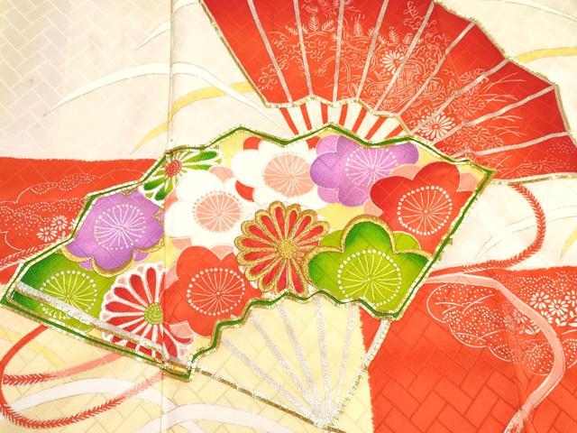 平和屋着物∵女の子　十三参り　子供　祝着・長襦袢(袷・半衿刺繍)セット　駒刺繍　扇面花文　暈し染め　金銀彩　逸品　DABG3009ma