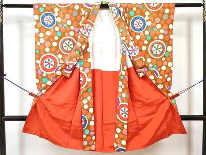 平和屋着物[]七五三　女の子　３歳　祝着　三つ身　長襦袢(無双仕立て・半衿刺繍)セット　源氏車　金彩　逸品　DABG3011ma