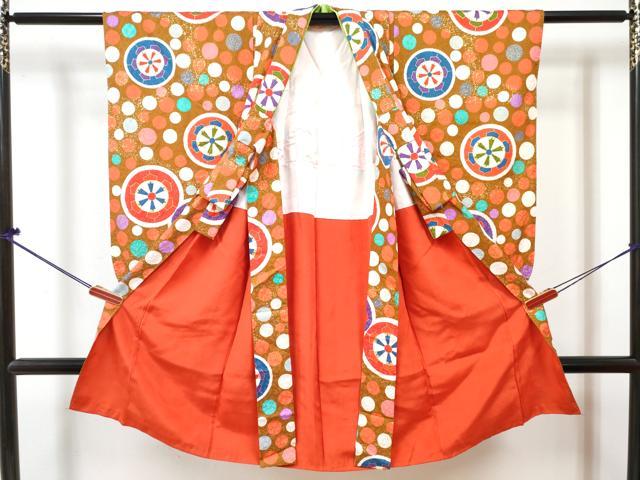 平和屋着物[]七五三　女の子　３歳　祝着　三つ身　長襦袢(無双仕立て・半衿刺繍)セット　源氏車　金彩　逸品　DABG3011ma