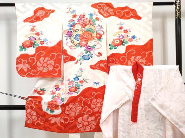 平和屋着物[]七五三　女の子　３歳　祝着　三つ身　長襦袢(袷・半衿刺繍)セット　絞り　鼓花文　金銀彩　逸品　DABG3012ma