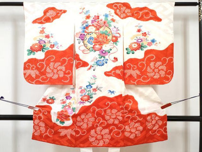 平和屋着物[]七五三　女の子　３歳　祝着　三つ身　長襦袢(袷・半衿刺繍)セット　絞り　鼓花文　金銀彩　逸品　DABG3012ma