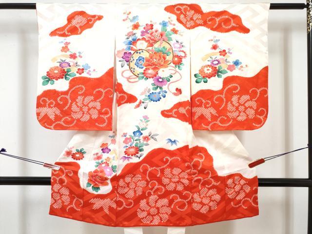 平和屋着物[]七五三　女の子　３歳　祝着　三つ身　長襦袢(袷・半衿刺繍)セット　絞り　鼓花文　金銀彩　逸品　DABG3012ma