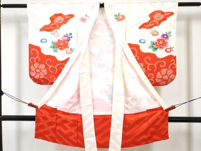 平和屋着物[]七五三　女の子　３歳　祝着　三つ身　長襦袢(袷・半衿刺繍)セット　絞り　鼓花文　金銀彩　逸品　DABG3012ma