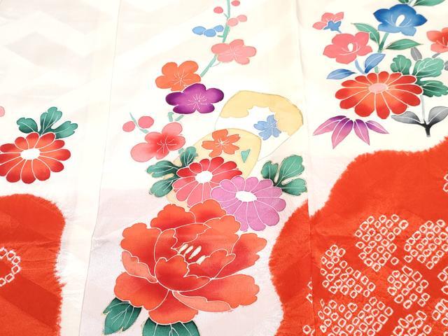 平和屋着物[]七五三　女の子　３歳　祝着　三つ身　長襦袢(袷・半衿刺繍)セット　絞り　鼓花文　金銀彩　逸品　DABG3012ma