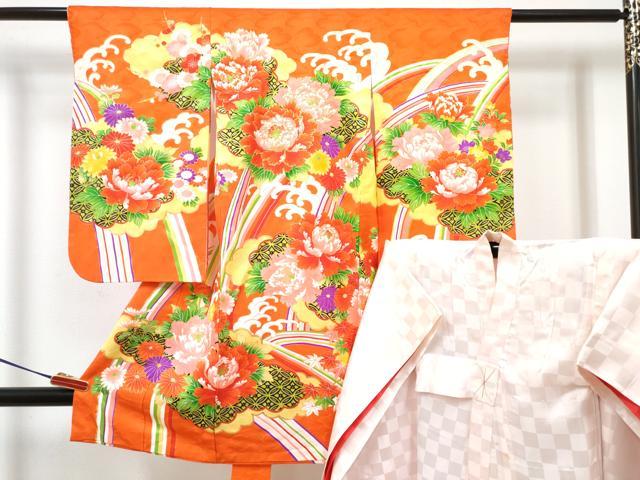 平和屋着物[]七五三　女の子　３歳　祝着　三つ身　長襦袢(袷)セット　駒刺繍　牡丹花文　金彩　逸品　DABG3013ma