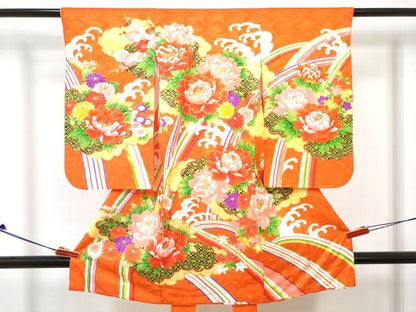 平和屋着物[]七五三　女の子　３歳　祝着　三つ身　長襦袢(袷)セット　駒刺繍　牡丹花文　金彩　逸品　DABG3013ma