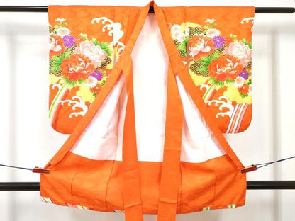 平和屋着物[]七五三　女の子　３歳　祝着　三つ身　長襦袢(袷)セット　駒刺繍　牡丹花文　金彩　逸品　DABG3013ma