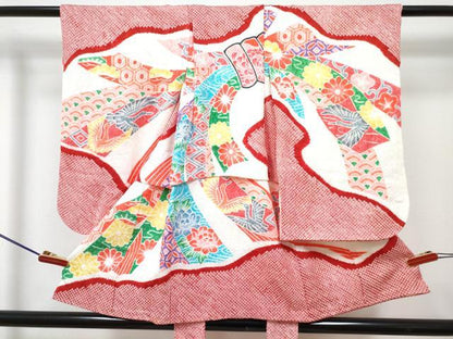平和屋着物[]七五三　女の子　３歳　祝着　三つ身　長襦袢(袷)セット　総絞り　束ね熨斗花鳥文　逸品　DABG3015ma