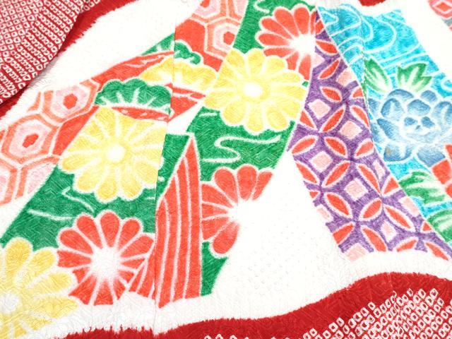 平和屋着物[]七五三　女の子　３歳　祝着　三つ身　長襦袢(袷)セット　総絞り　束ね熨斗花鳥文　逸品　DABG3015ma