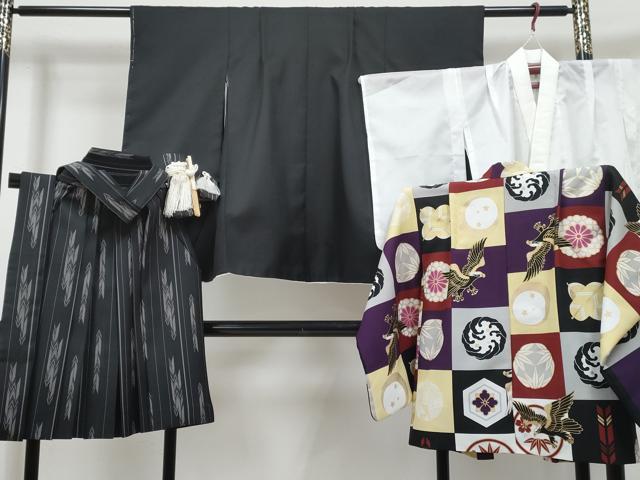平和屋着物[]七五三　男の子　祝着・羽織・長襦袢(単衣)・行灯袴・小物セット　鷹　鷲　矢羽立波笹丸文　金彩　洗える着物　DABG3022ma