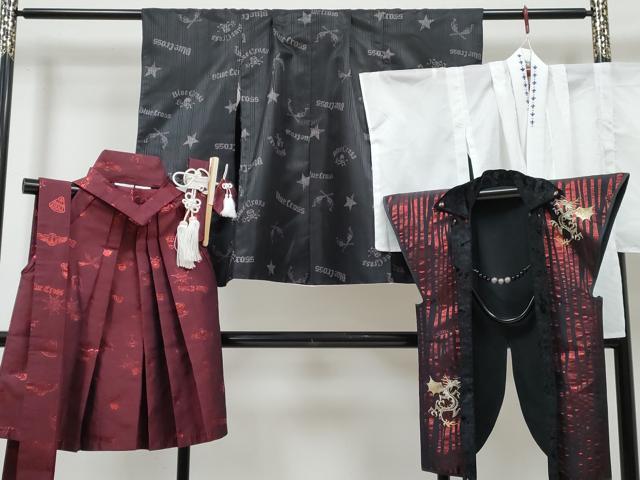 平和屋着物[]七五三　男の子　祝着・陣羽織・長襦袢(単衣)・行灯袴・小物セット　BLUE CROSS　刺繍　ドラゴン 髑髏　金銀糸　DABG3024ma