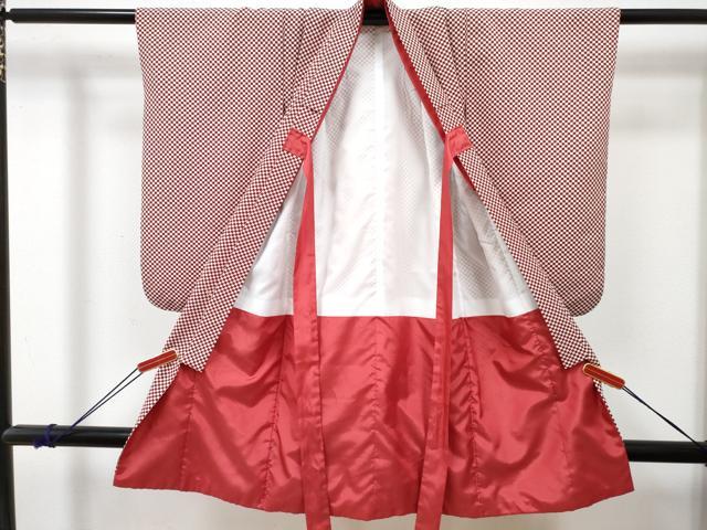 平和屋着物[]七五三　女の子　３歳　祝着　三つ身　長襦袢(単衣・半衿刺繍)・被布・草履セット　豆千代モダン 市松 牡丹 金彩　DABG3031ma
