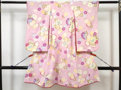 平和屋着物[]七五三　女の子　３歳　祝着　三つ身　長襦袢(単衣・半衿刺繍)・被布セット　草花文　洗える着物　DABG3034ma