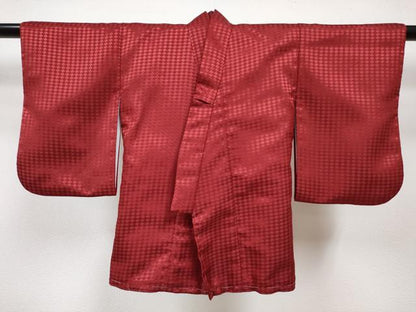 平和屋着物[]七五三　男の子　祝着・陣羽織・長襦袢(単衣)・行灯袴・帯セット　赤紅色　矢羽菱文　金銀糸　DABG3043ma