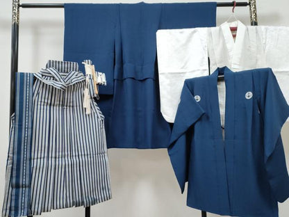 平和屋着物[]七五三　男の子　祝着・色紋付羽織・長襦袢(無双仕立て)・行灯袴・小物セット 草木染 青藍色 逸品 DABG3055ma