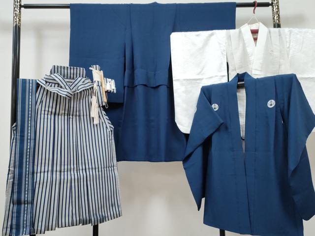平和屋着物[]七五三　男の子　祝着・色紋付羽織・長襦袢(無双仕立て)・行灯袴・小物セット 草木染 青藍色 逸品 DABG3055ma
