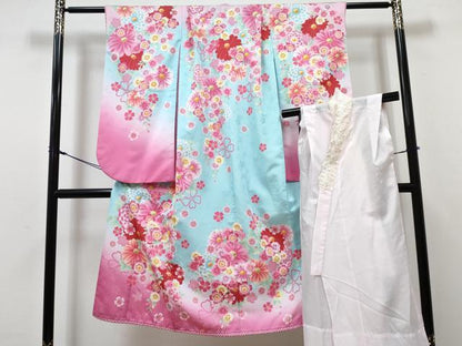 平和屋着物[]七五三　女の子　７歳　祝着　四つ身　襦袢(単衣)セット　駒刺繍　草花文　暈し染め　洗える着物　DABG3059ma