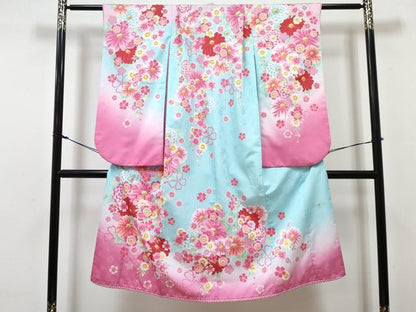 平和屋着物[]七五三　女の子　７歳　祝着　四つ身　襦袢(単衣)セット　駒刺繍　草花文　暈し染め　洗える着物　DABG3059ma