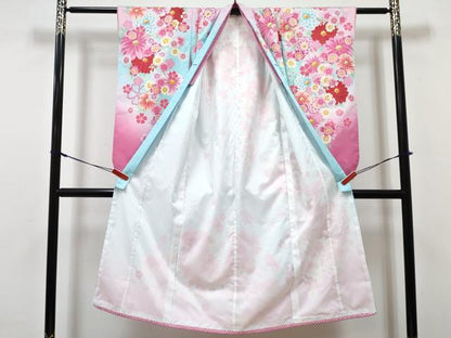 平和屋着物[]七五三　女の子　７歳　祝着　四つ身　襦袢(単衣)セット　駒刺繍　草花文　暈し染め　洗える着物　DABG3059ma