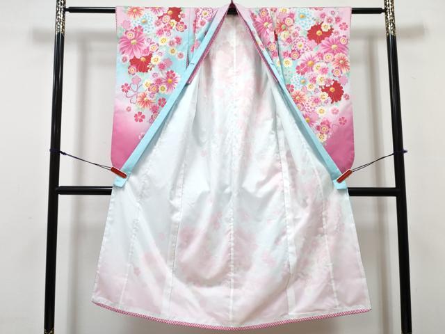 平和屋着物[]七五三　女の子　７歳　祝着　四つ身　襦袢(単衣)セット　駒刺繍　草花文　暈し染め　洗える着物　DABG3059ma