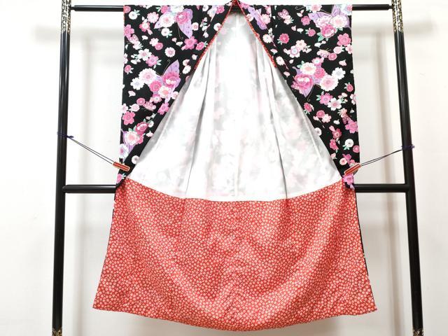 平和屋着物[]七五三　女の子　花夢二　７歳　祝着　四つ身　襦袢(単衣・半衿刺繍)セット　花蝶文　黒地　金彩　DABG3063ma