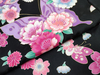 平和屋着物[]七五三　女の子　花夢二　７歳　祝着　四つ身　襦袢(単衣・半衿刺繍)セット　花蝶文　黒地　金彩　DABG3063ma