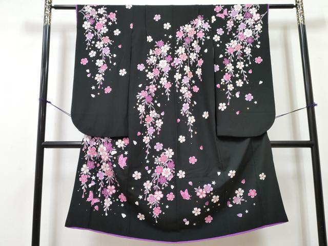 平和屋着物[]七五三　女の子　７歳　祝着　四つ身　舞蝶枝垂れ桜文　黒地　金銀彩　洗える着物　DABG3070ma