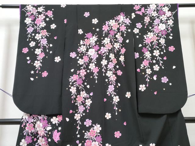 平和屋着物[]七五三　女の子　７歳　祝着　四つ身　舞蝶枝垂れ桜文　黒地　金銀彩　洗える着物　DABG3070ma