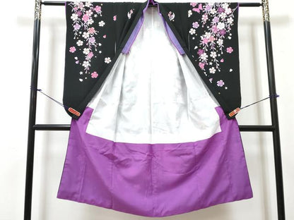 平和屋着物[]七五三　女の子　７歳　祝着　四つ身　舞蝶枝垂れ桜文　黒地　金銀彩　洗える着物　DABG3070ma