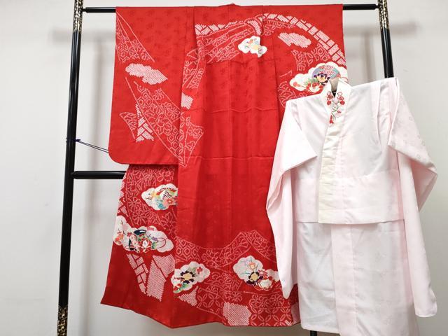 平和屋着物[]七五三　女の子　７歳　祝着　四つ身　長襦袢(無双仕立て・半衿刺繍)セット　絞り　雲取り花文　金彩　逸品　DABG3075ma