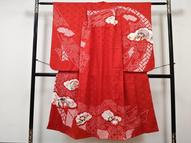 平和屋着物[]七五三　女の子　７歳　祝着　四つ身　長襦袢(無双仕立て・半衿刺繍)セット　絞り　雲取り花文　金彩　逸品　DABG3075ma