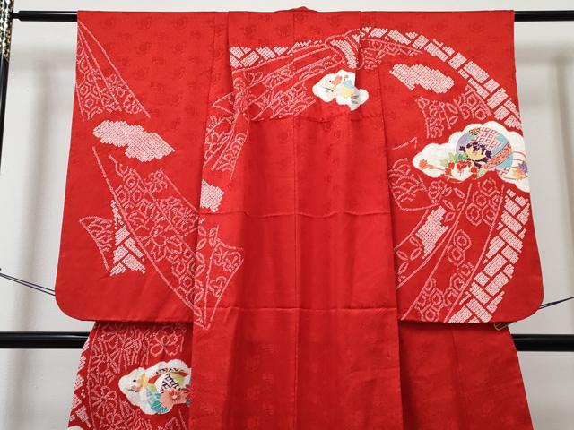 平和屋着物[]七五三　女の子　７歳　祝着　四つ身　長襦袢(無双仕立て・半衿刺繍)セット　絞り　雲取り花文　金彩　逸品　DABG3075ma