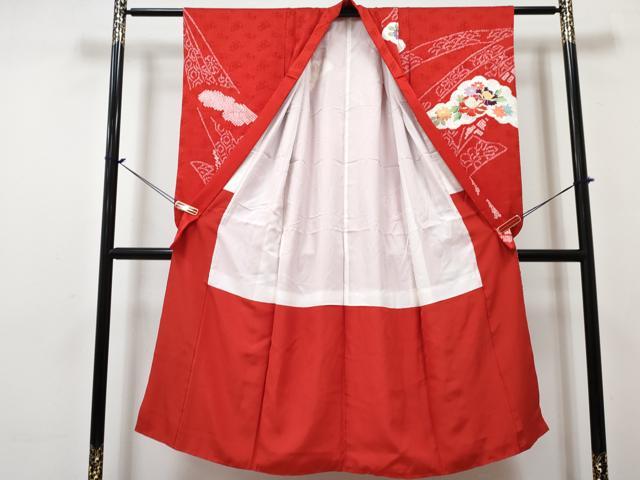 平和屋着物[]七五三　女の子　７歳　祝着　四つ身　長襦袢(無双仕立て・半衿刺繍)セット　絞り　雲取り花文　金彩　逸品　DABG3075ma