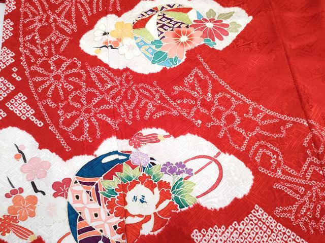 平和屋着物[]七五三　女の子　７歳　祝着　四つ身　長襦袢(無双仕立て・半衿刺繍)セット　絞り　雲取り花文　金彩　逸品　DABG3075ma