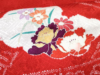 平和屋着物[]七五三　女の子　７歳　祝着　四つ身　長襦袢(無双仕立て・半衿刺繍)セット　絞り　雲取り花文　金彩　逸品　DABG3075ma