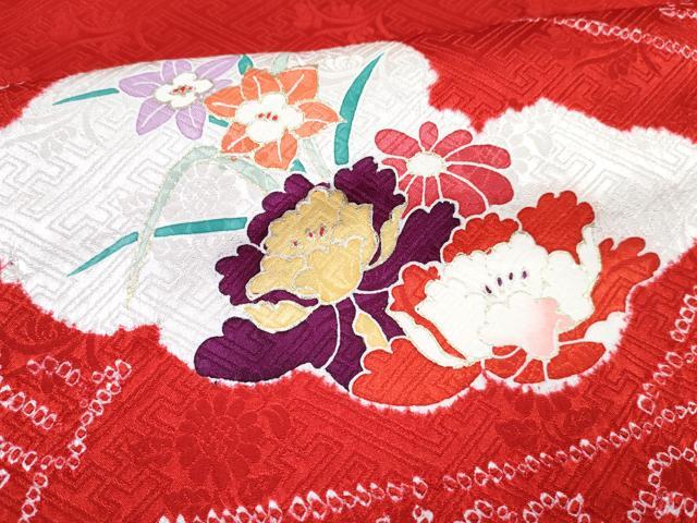 平和屋着物[]七五三　女の子　７歳　祝着　四つ身　長襦袢(無双仕立て・半衿刺繍)セット　絞り　雲取り花文　金彩　逸品　DABG3075ma