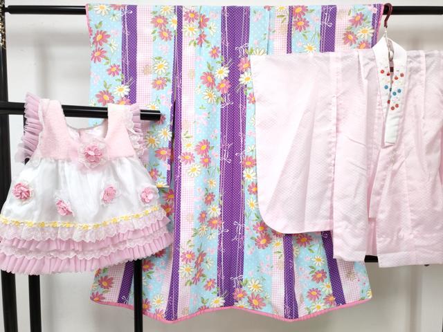 平和屋着物[]七五三　女の子　３歳　祝着　三つ身　長襦袢(単衣・半衿刺繍)・被布 ベストセット　草花間道　金彩　洗える着物　DABG3076ma