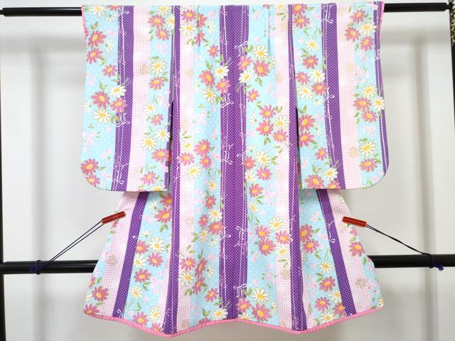 平和屋着物[]七五三　女の子　３歳　祝着　三つ身　長襦袢(単衣・半衿刺繍)・被布 ベストセット　草花間道　金彩　洗える着物　DABG3076ma