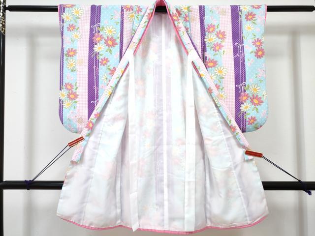 平和屋着物[]七五三　女の子　３歳　祝着　三つ身　長襦袢(単衣・半衿刺繍)・被布 ベストセット　草花間道　金彩　洗える着物　DABG3076ma