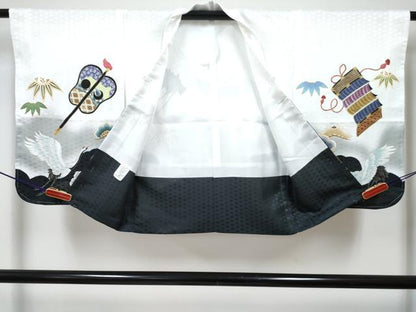 平和屋着物[]七五三　男の子　子供　羽織　鶴　龍　兜　笹松文　暈し染め　金彩　洗える着物　未使用　DABG3081ma