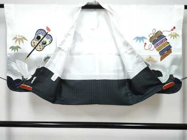 平和屋着物[]七五三　男の子　子供　羽織　鶴　龍　兜　笹松文　暈し染め　金彩　洗える着物　未使用　DABG3082ma