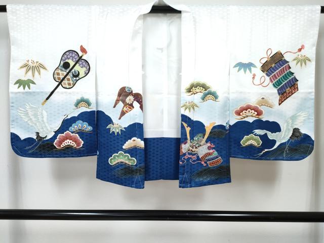 平和屋着物[]七五三　男の子　子供　羽織　鶴　龍　兜　笹松文　暈し染め　金彩　洗える着物　未使用　DABG3095ma