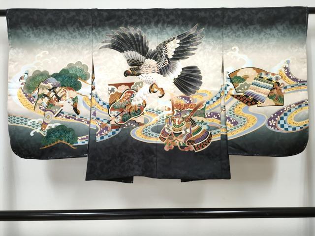 平和屋着物[]七五三　男の子　子供　羽織　鷹　鷲　龍　兜　立波松文　暈し染め　金彩　洗える着物　未使用　DABG3098ma